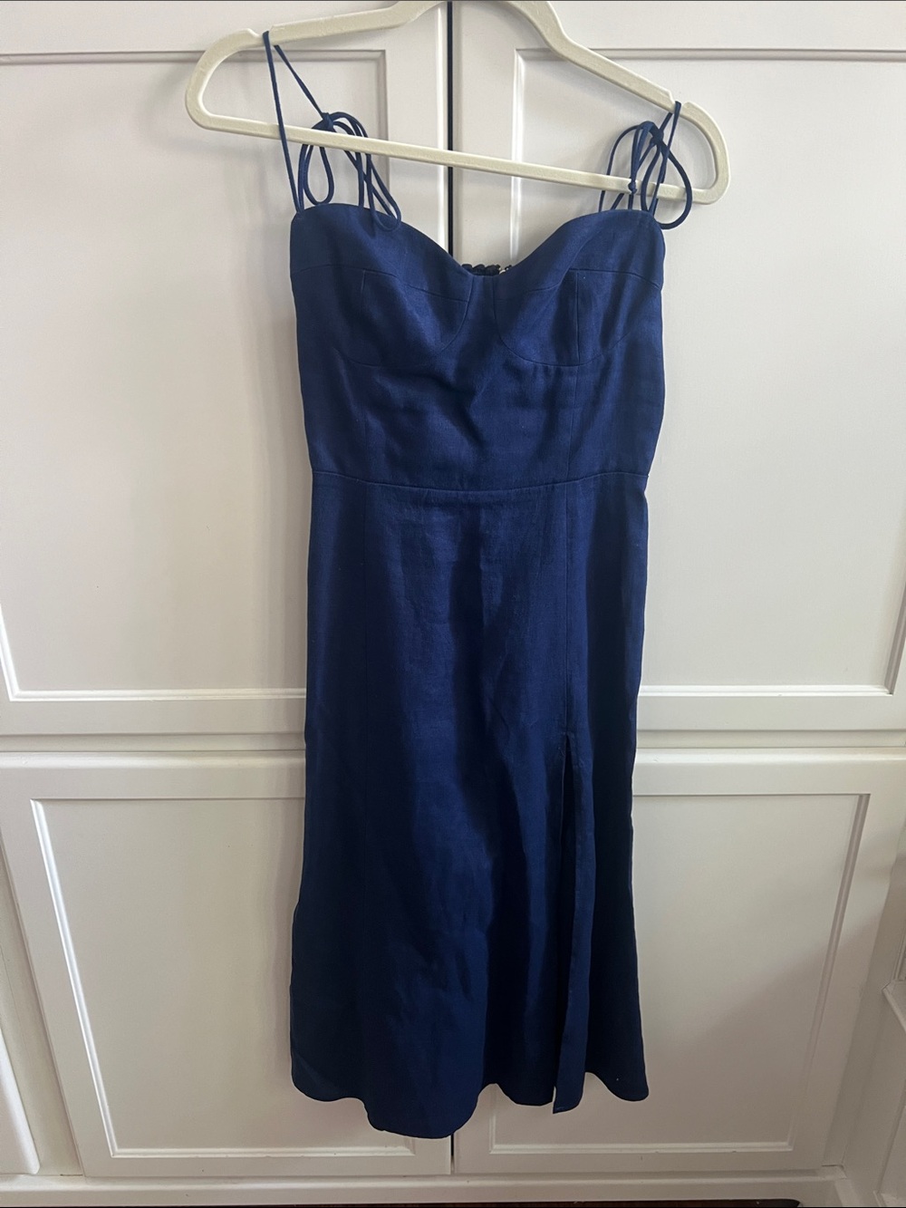 Reformation Linen Navy Sweetheart Tie-Strap Midi Dress